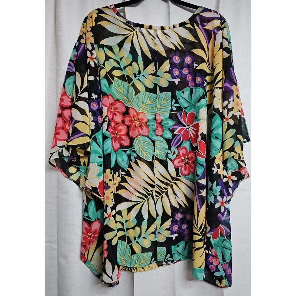 Blair Womans Plus Size 3XL Sheer Top Tropical Floral Swim Cover Up